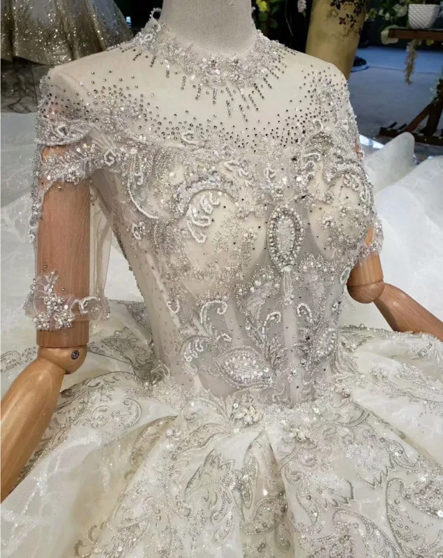 Тюль Половина рукава Иллюзия Высокая шея Weding платья Пышное Свадебное Платье