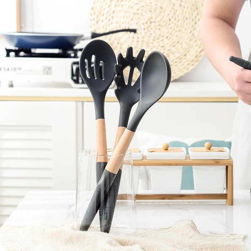 

9/10/11/12pcs Cooking Tools Set Silicone+Wooden Handle Kitchen Cooking Utensils Set with Storage Box Turner Spatula Soup Spoon