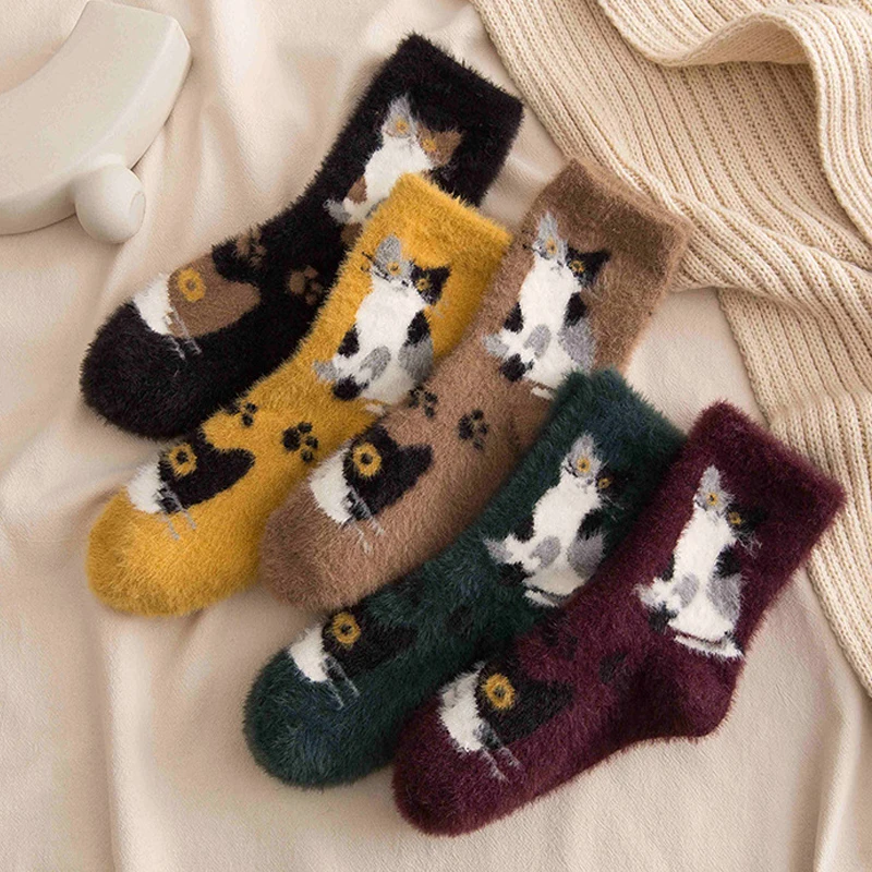 

Милые теплые зимние кавайные толстые Повседневные Удобные женские пушистые махровые носки из меха норки с изображением животного, кота, яр...