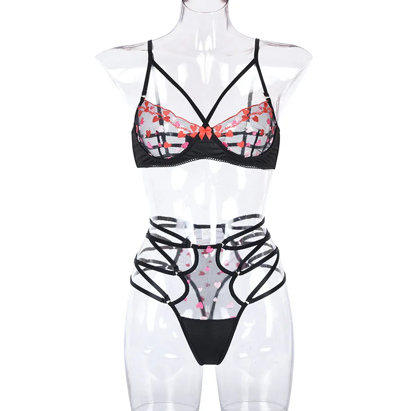 

Echonight Goth Lingerie Set Embroidery Exotic Costumes Sexy Transparent Underwear Set Bandage Panties Bra and Panty Exotic Sets