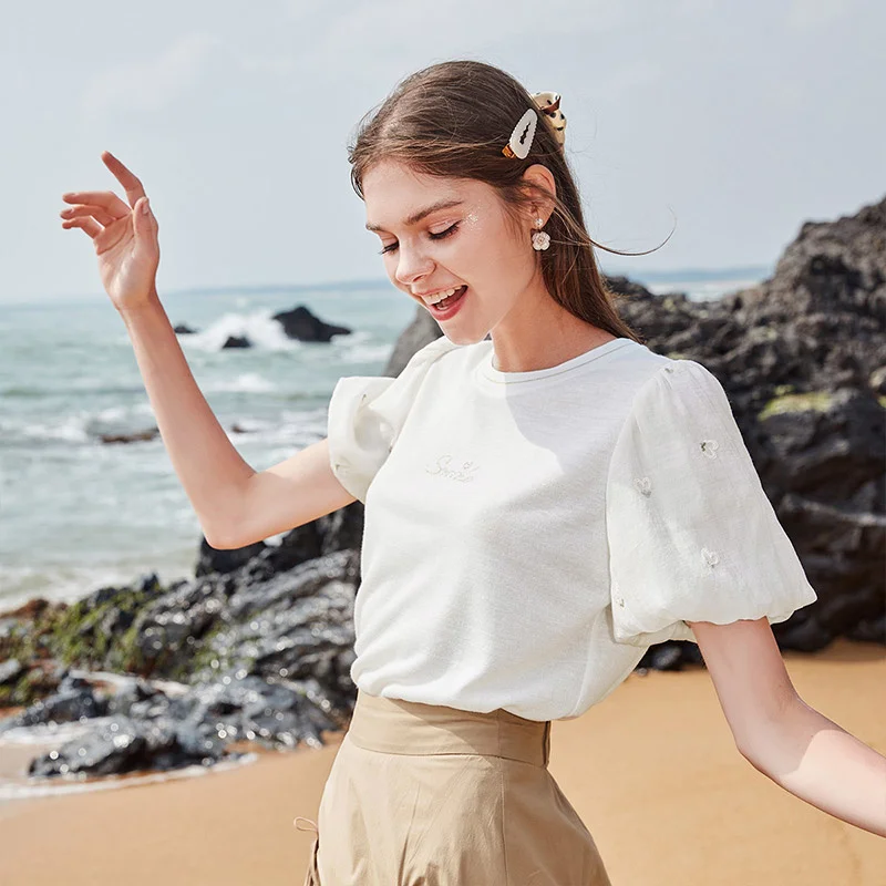 

SHZQ Bubble Sleeve Top Women's 2021 Summer New Loose Round Neck Shirt Embroidered Bright Silk White Short Sleeve T-shirt