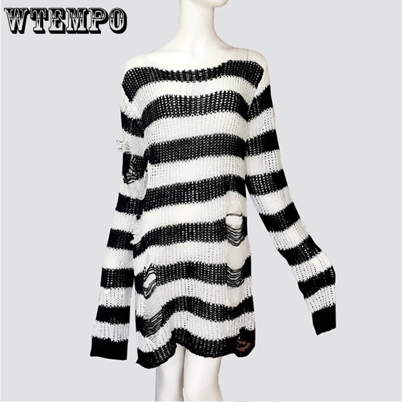Goth Sweaters Dress Unisex Punk Hole Sweater Plus Size Loose Hollow Out Broken Destroy Jumper 2021 New Striped Sweaters Pullover