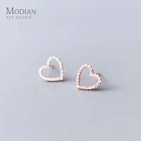 modian shiny zircon hearts stud earring for women real 925 sterling silver rose gold color ear pin fine jewelry valentines gift