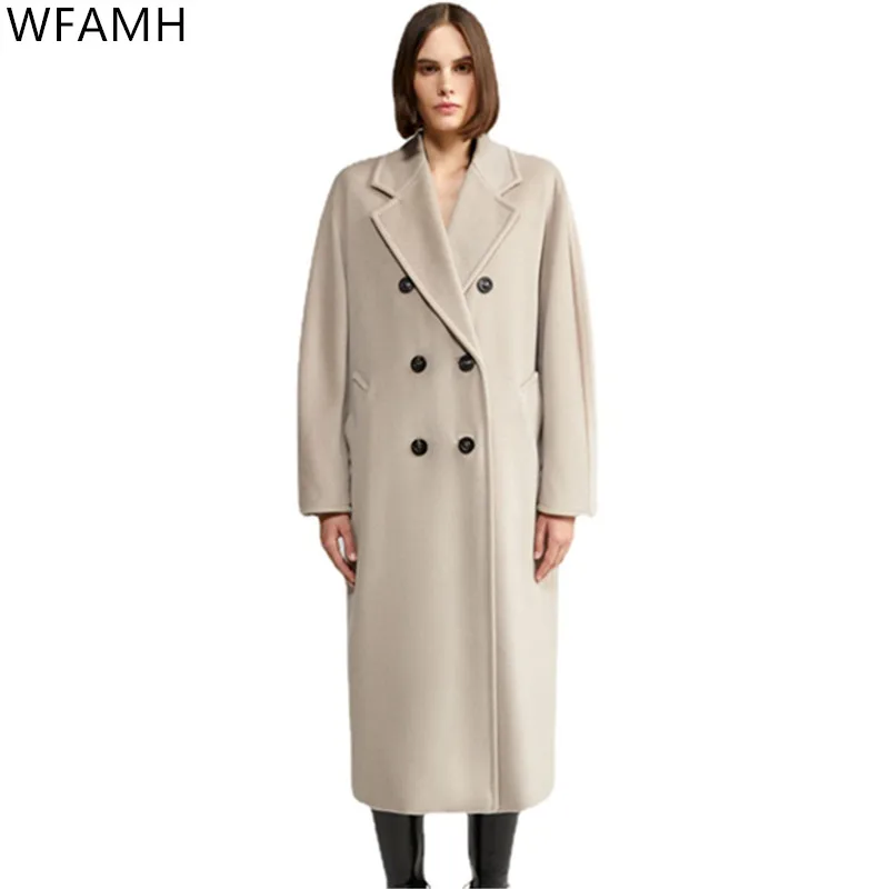 

2021 Autumn And Winter New Fashion Suit Collar Double-breasted Long Slim Solid Color Woolen Coat For Women 95% Wool And Cashmere