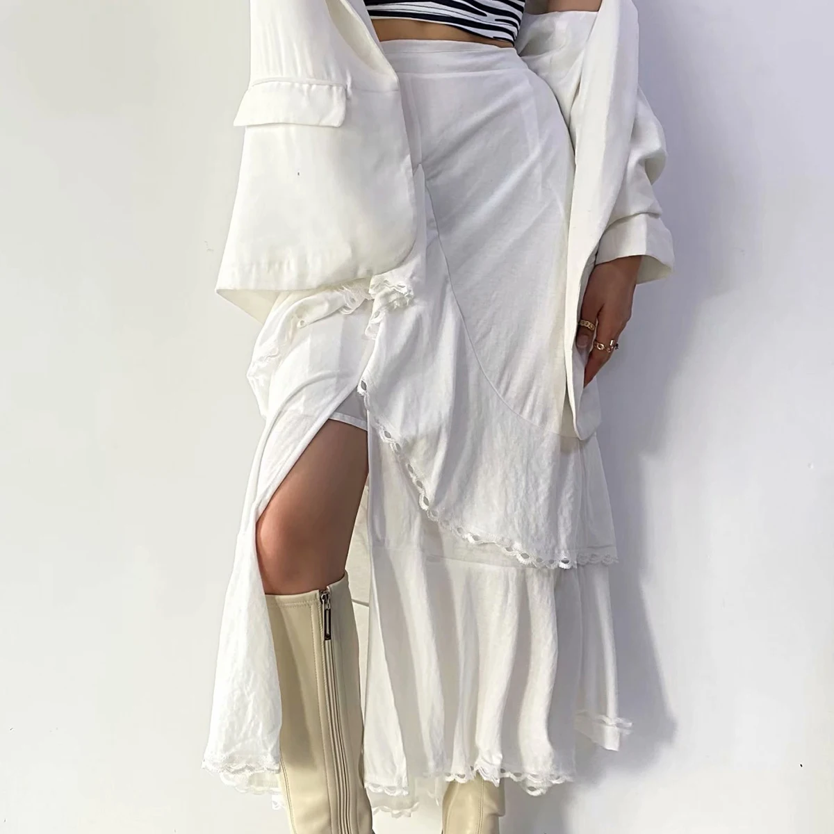 

Юбка женская кружевная с высокой талией, белая, с разрезом