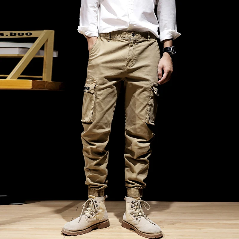 

Fashion Streetwear Men Jeans Khaki Overalls Multi Pockets Casual Cargo Pants Slack Bottom Hip Hop Joggers Wide Leg Trousers