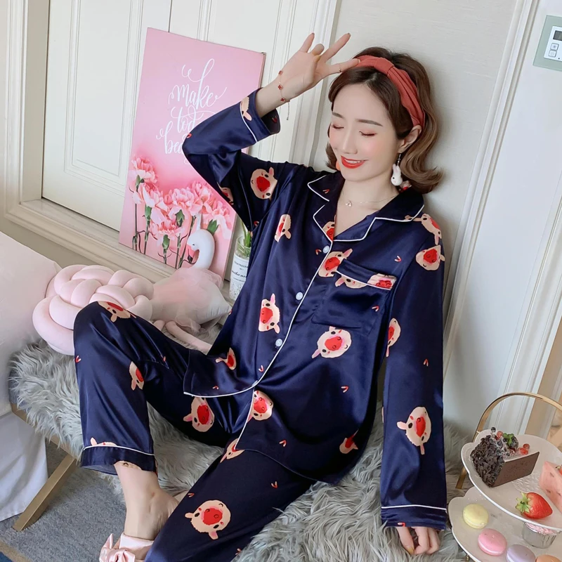 

SLPBELY Silk Women Pajamas Set Sleepwear Flower Spring / Summer Long Sleeved Female Soft and Comfortable Homewear Nightwear