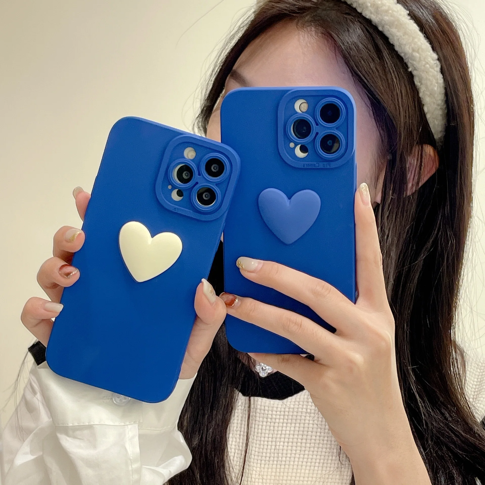 

3D Simple Blue Love Heart Korea Phone Case For iPhone 13 12 11 Pro Max X Xs Max Xr 7 8 Puls Coque Cute Soft Silicone Cover