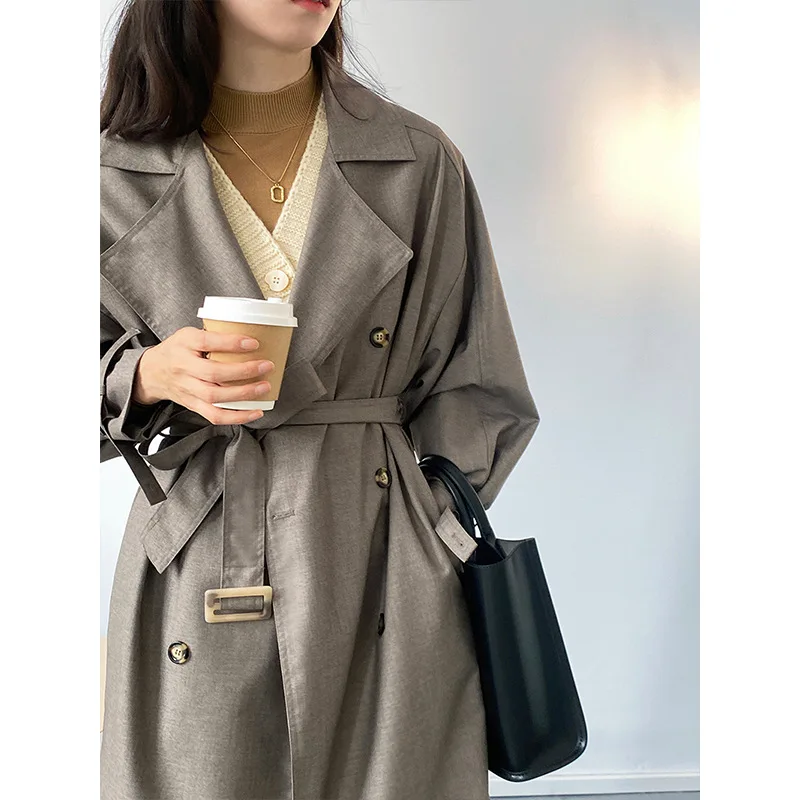 

Nice Pop Women Trench Coat Turn Down Collar Loose Style Women Long Trench Femme Women Autumn Long Coat Streetwear