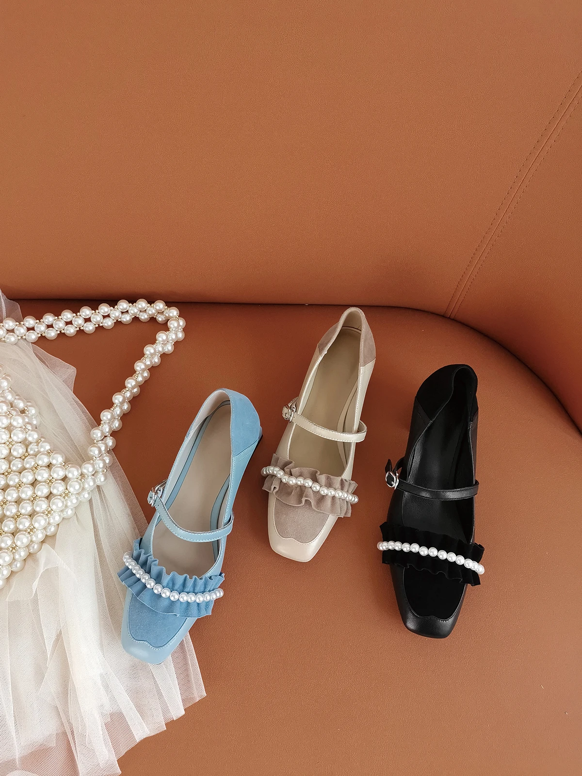 

Krazing Pot big size Princess style genuine leather patchwork pearl square toe thick med heel buckle straps dress cozy pumps L0a