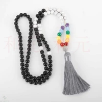 8mm 108 natural mala black agate white turquoise bead necklace emotional pray relief meditation all saints day elegant