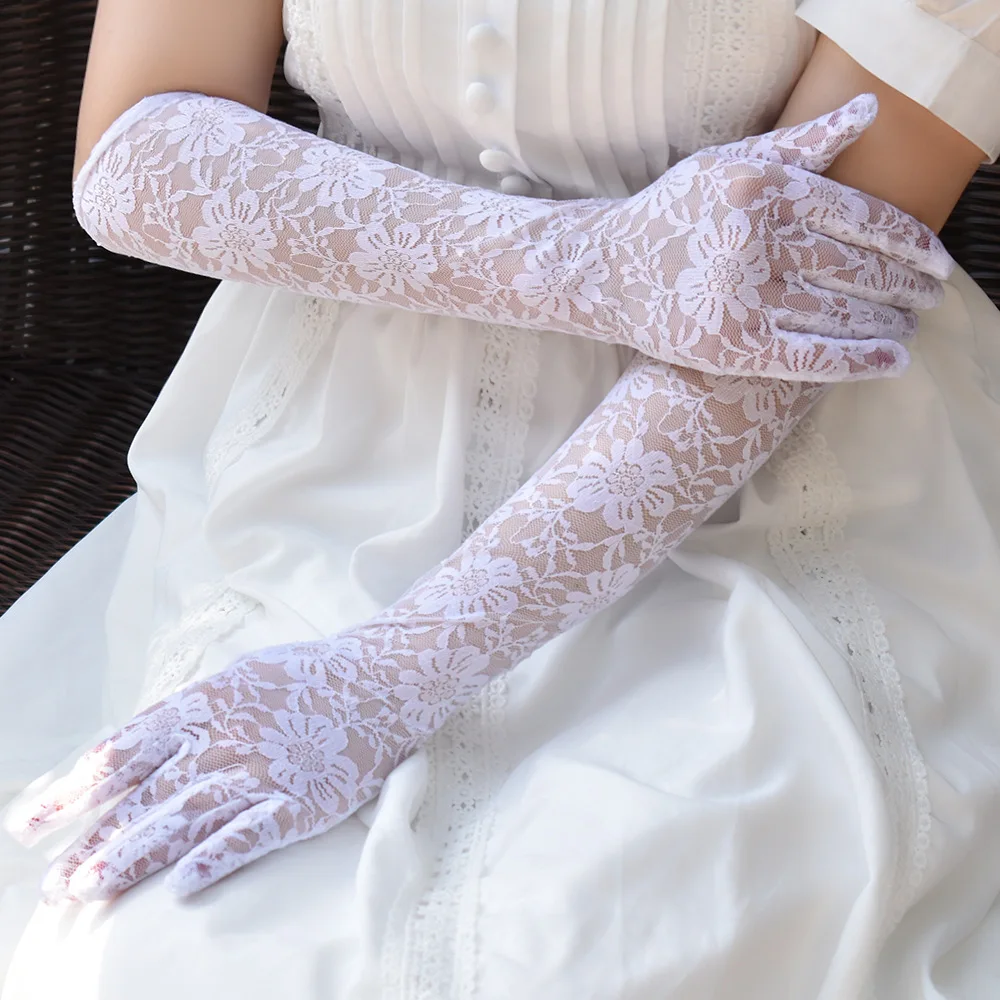 Женские черные и белые кружевные перчатки для защиты от солнца длинные вождения