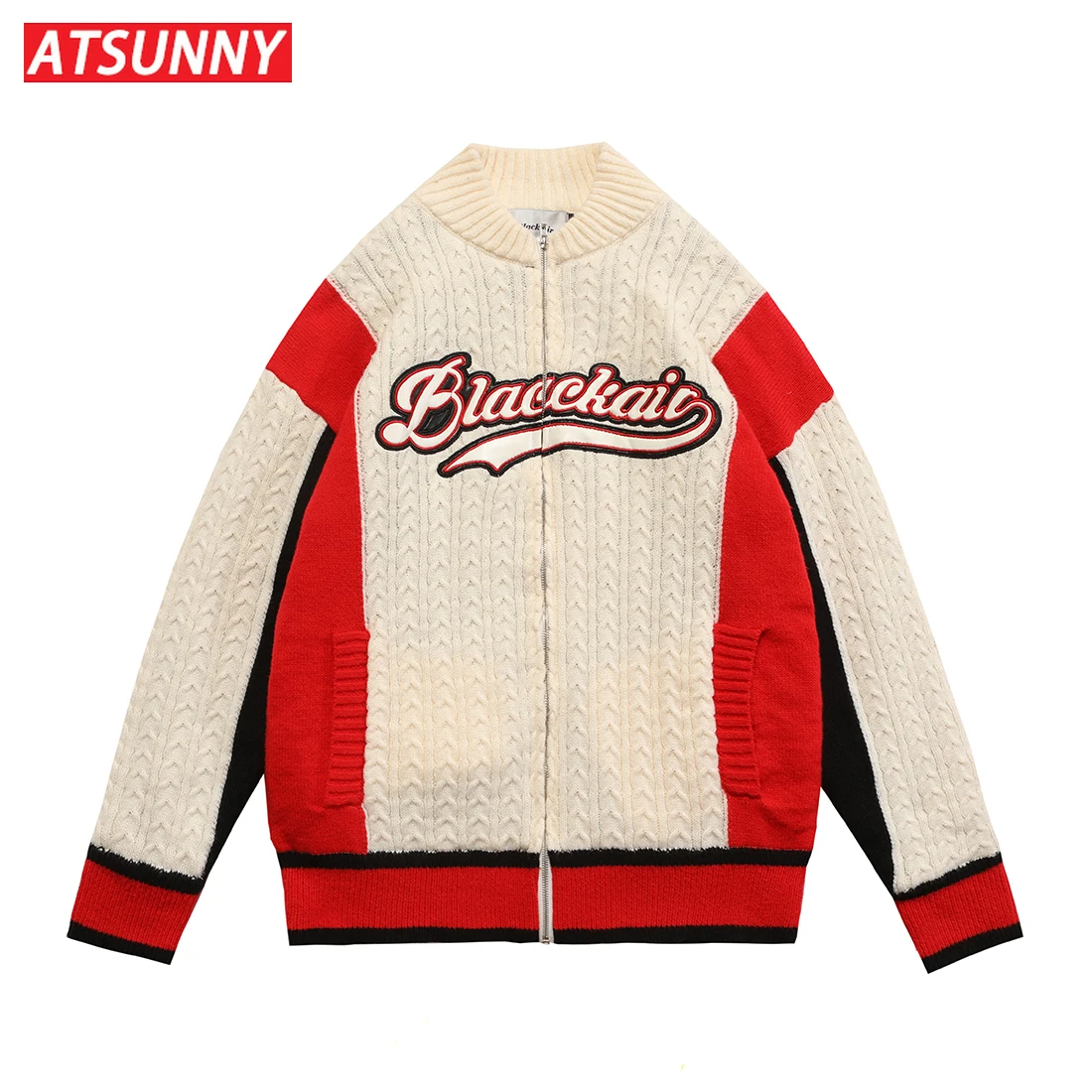 

ATSUNNY American Streetwear Retro Sweater Stitch Color Campus Style Quilted Jacket Harajuku Style Man Autumn and Winter Clothes