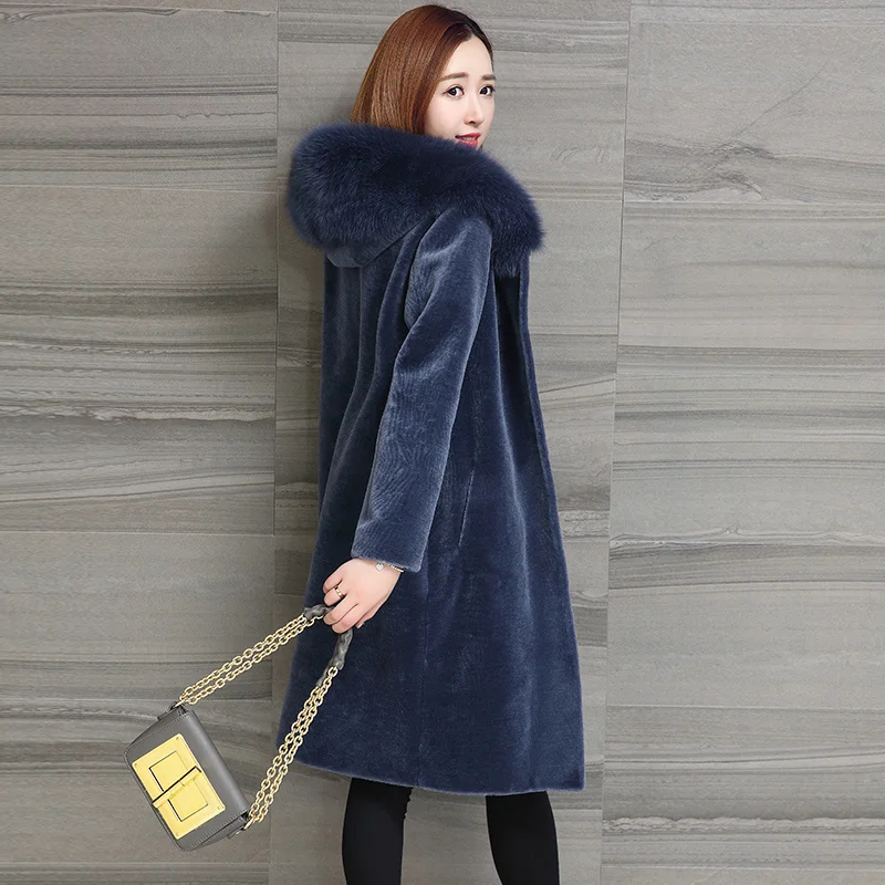 

Women Real Sheep Shearing Fur Coat Fox Fur Collar Hooded Coats Medium-Long Winter Jacket Plus Size S-8XL NY901