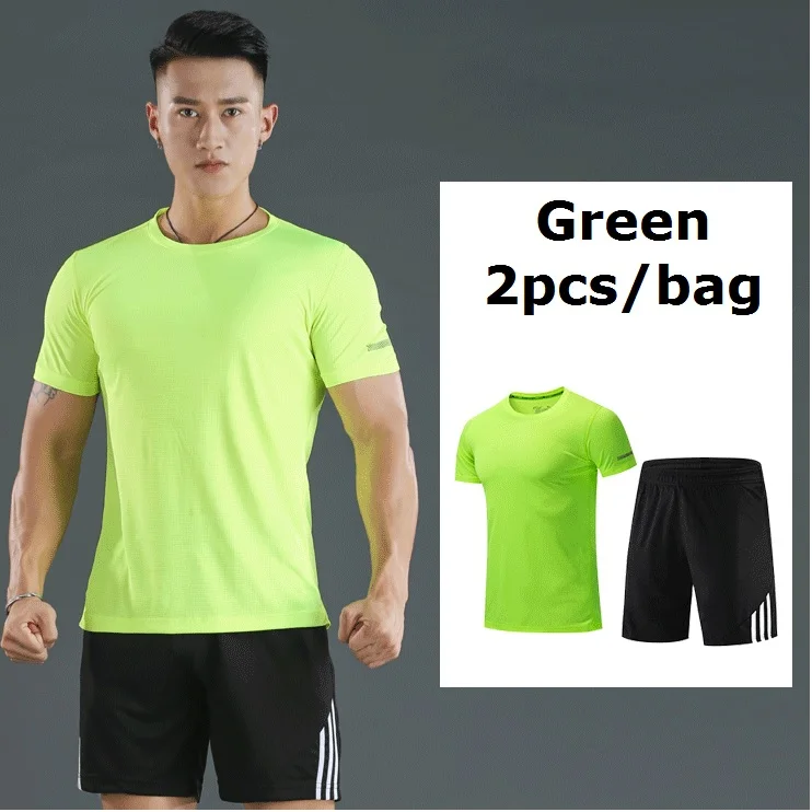 Green 2pcs Мужской мотоциклетный спортивный костюм для спортзала фитнес компрессионная одежда для бега спортивная одежда упражнения тренировка колготки - Цвет: Green 2pcs