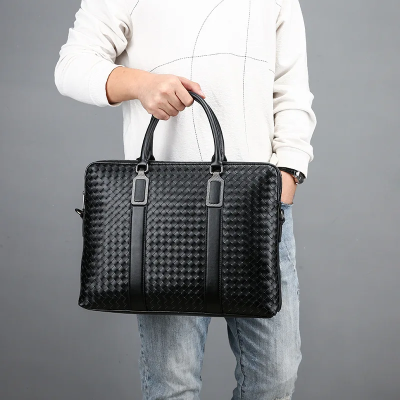 Men  Briefcase Woven Handbag Male Shoulder Bag Crossbody Bag 14 Inch Laptop Case Messenger Bag Travel Bag for Man