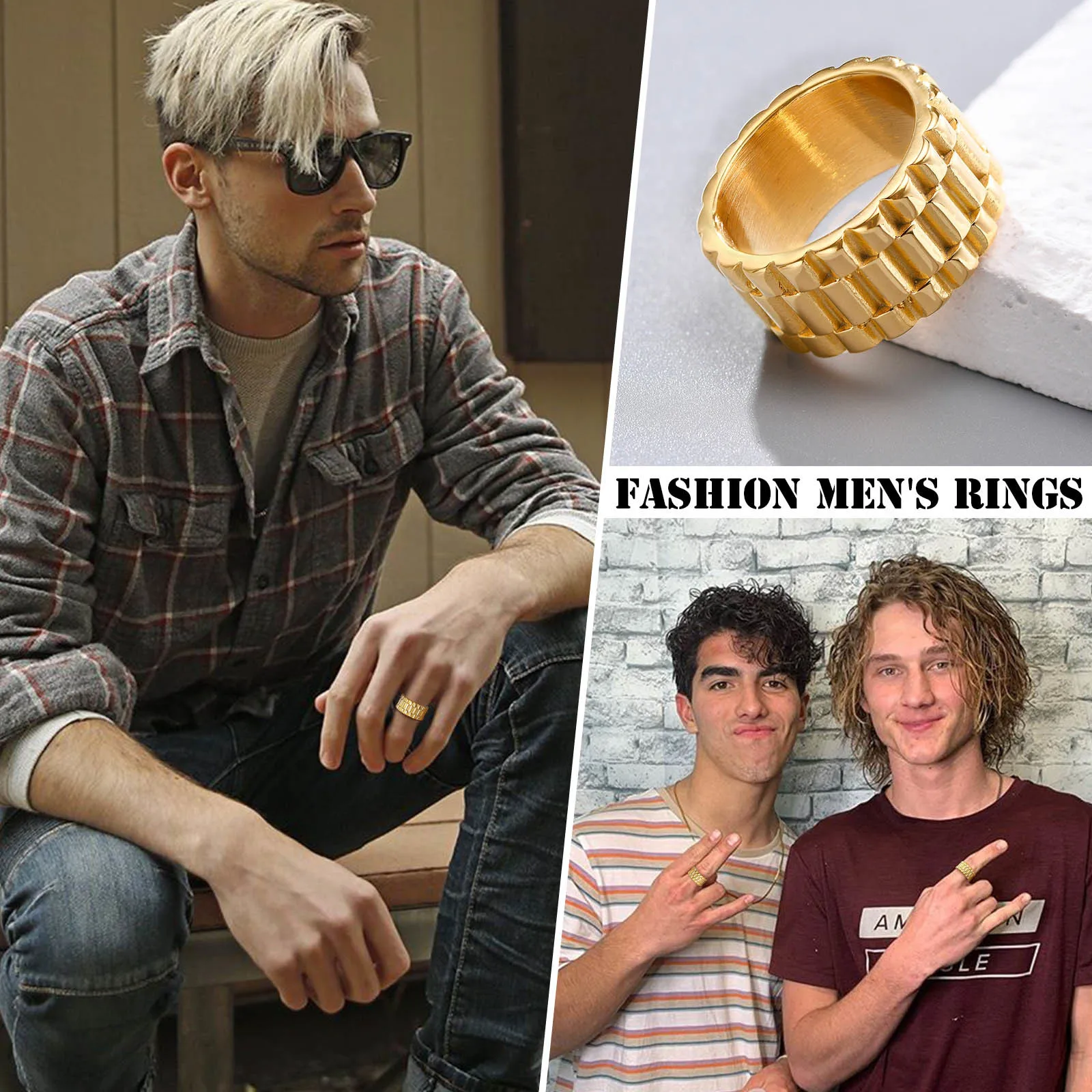 Vnox 11mm Watch Band Shaped Ring for Men Gold Color Stainless Steel Punk Finger Rock Gothic Hiphop Boy Jewelry | Украшения и