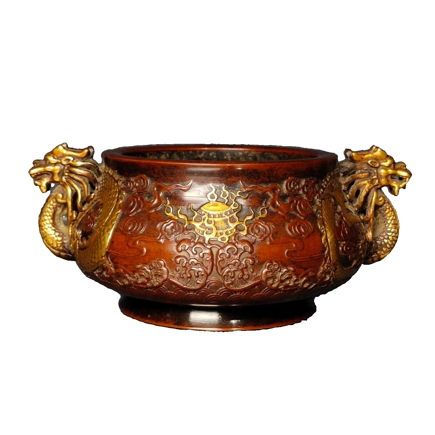 

Laojunlu позолоченная бронзовая горелка для благовоний с двумя драконами, играющая с жемчугом, Античная бронзовая коллекция шедевров