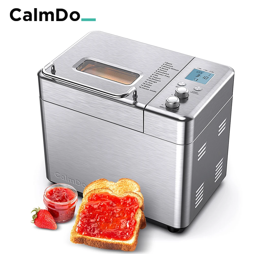 

Автоматическая хлебопечка CalmDo из нержавеющей стали, 1 кг, 15 в 1, 600 Вт, программируемая хлебопечка с 3 дозаторами фруктовых орехов