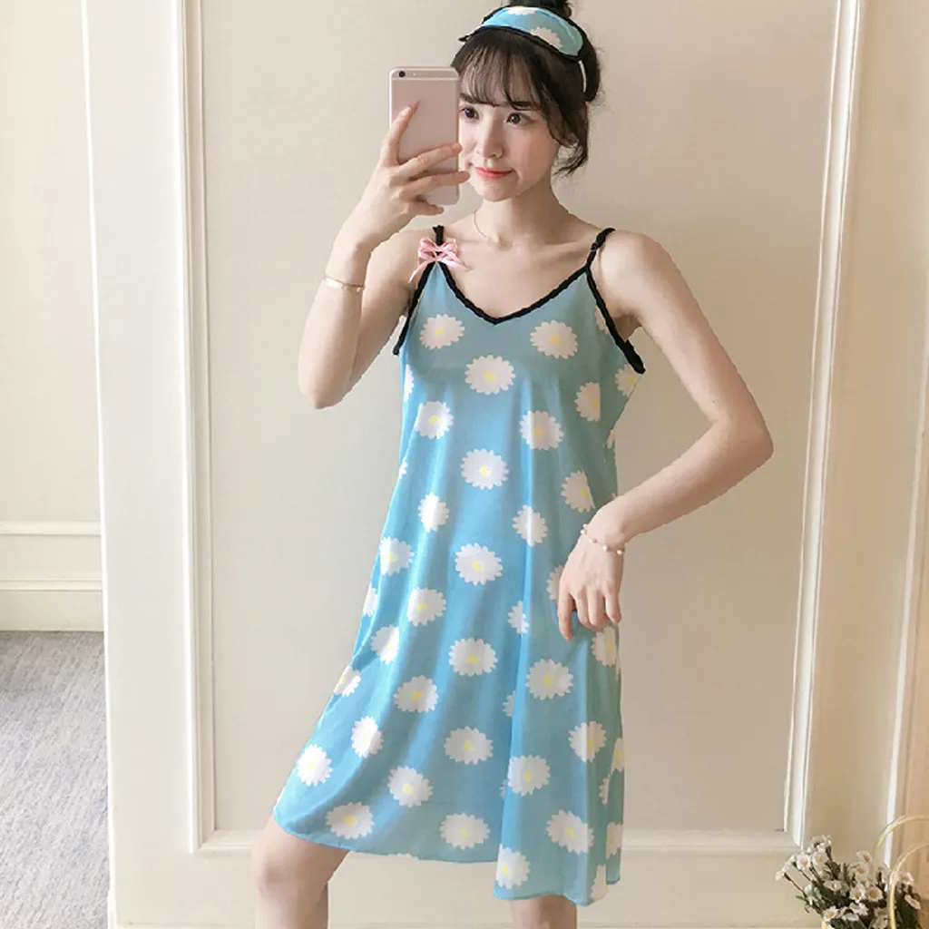 

Fashion Women Sleepwear Sexy V-Neck Sleeveless Camis Lingerie Nightwear Ladies Satin Printed Casual Nightgown Summer Nightdress