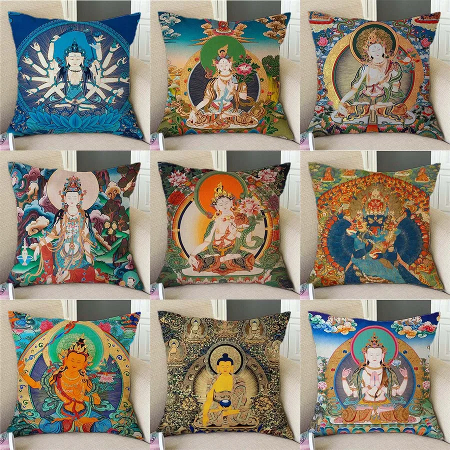 

Double Buddhism Wall Painting Artwork Buddha Worship Home Decor Sofa Throw Pillow Case Sakyamuni Portrait Linen Cushion Cover