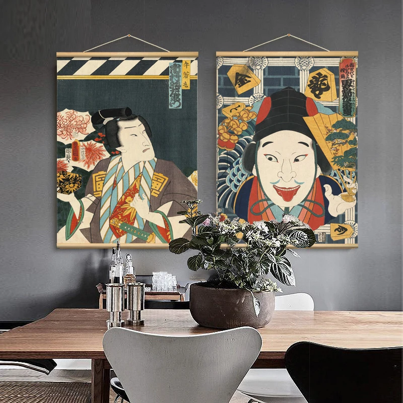 

Vintage Japan style Ukiyo-e character canvas Scroll painting with wooden hanger officer scroll poster wall art for living room