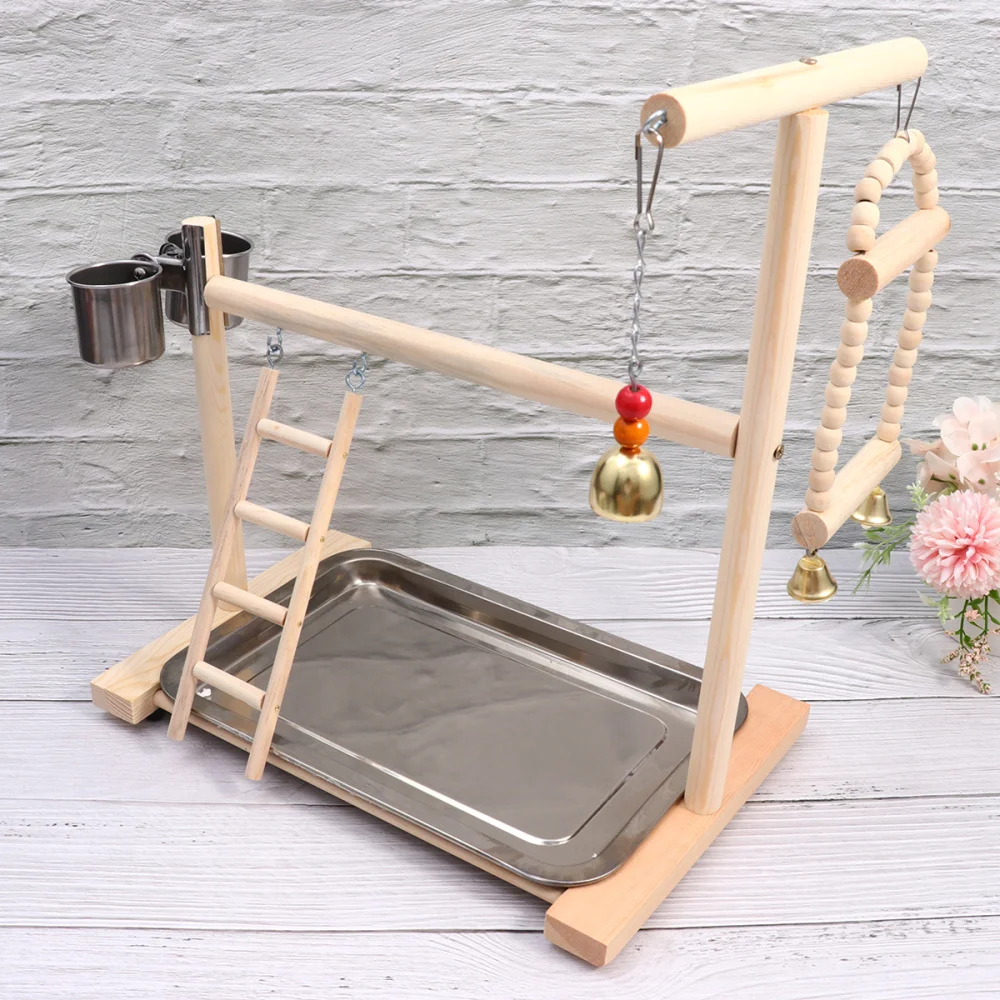 

Wooden Parrot Playground Stainless Steel Bowl Rack Swing Hanging Bridge Parrot Ladder Ring Bell Swing Parrot Pendant for Cag