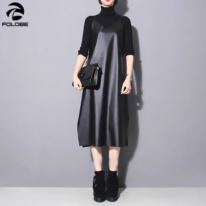 Женское платье без бретелек FOLOBE черное свободное короткое из искусственной кожи