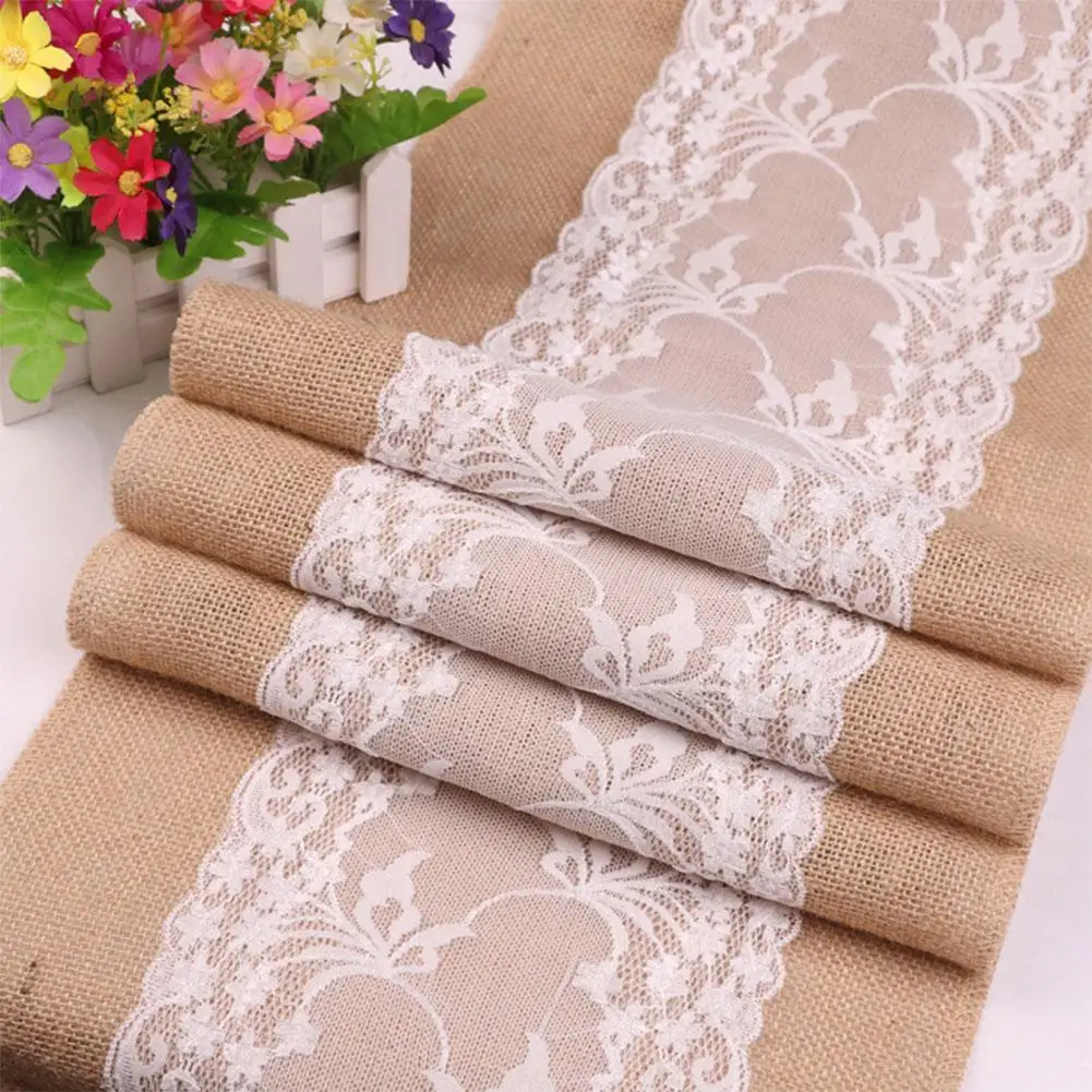 

275Cm Linen Table Runner Lace Tablecloth Christmas Restaurant Wedding Craft Burlap Room Dining Vintage Decoration Supplies