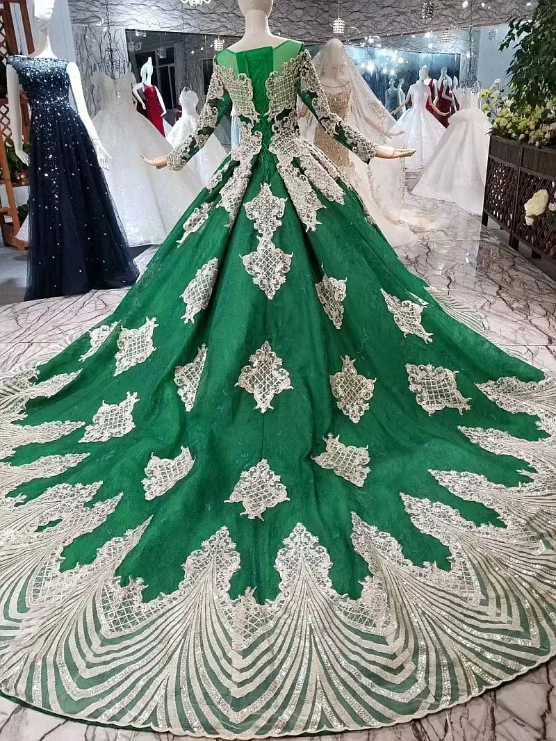 BGW 22020ht Muslim Color Wedding Dress With Long Veil O-neck Long Sleeve Green Wedding Gown 2020 Latest Design Best Seller List