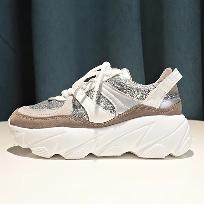 

2020 Autumn Women Platform Sneakers Chunky Ulzzang Fashion Ladies Casual Shoes Woman Bling Tenis Female White Black 5cm High