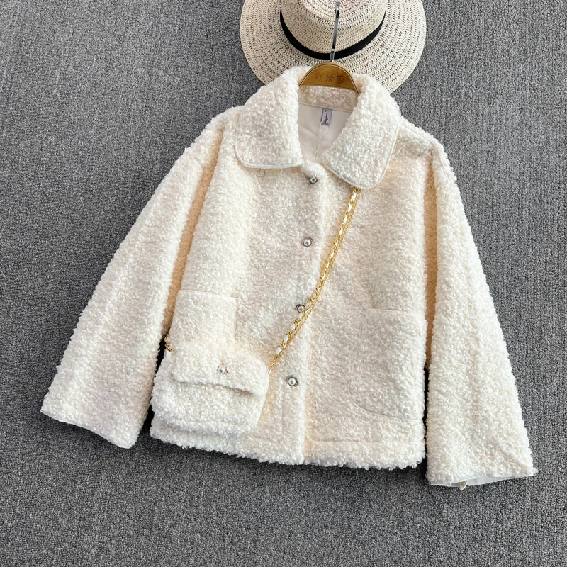 

YIZZHOY Autumn Winter New Women Single Breasted Lamb Plush Long sleeve Fashion Casual Sweet Solid Coat Loose Button Coat