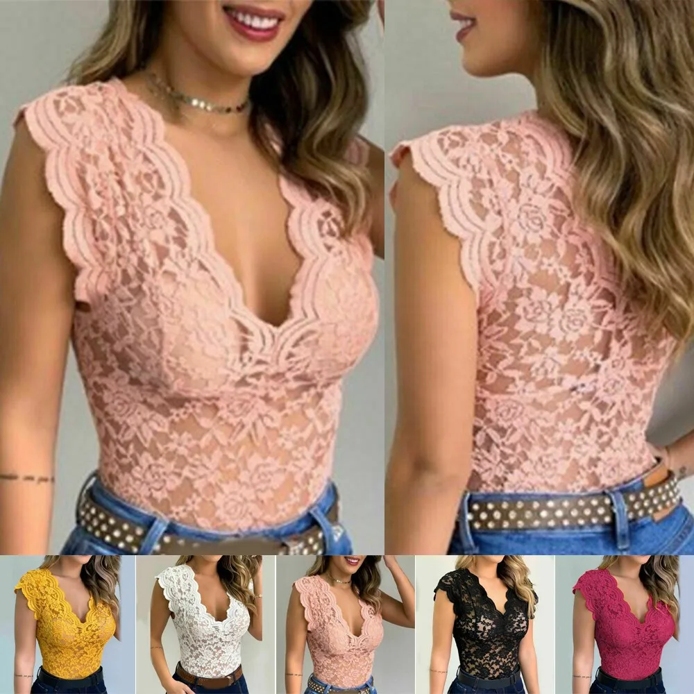 

Women Sexy Sleeveless Lace Hollow T-Shirt Blouse Vest Ladies V Neck Slim Tee Top New Women Blouse Tunic Summer