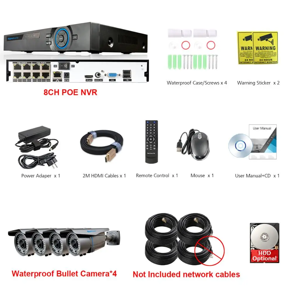 TOPROHOMIE H.265+ 4CH система NVR 5MP POE NVR комплект 4MP IP66 водонепроницаемый 2,8 мм-12 мм зум POE ip-камера 4CH комплект видеонаблюдения - Цвет: 4 Camera No Cables