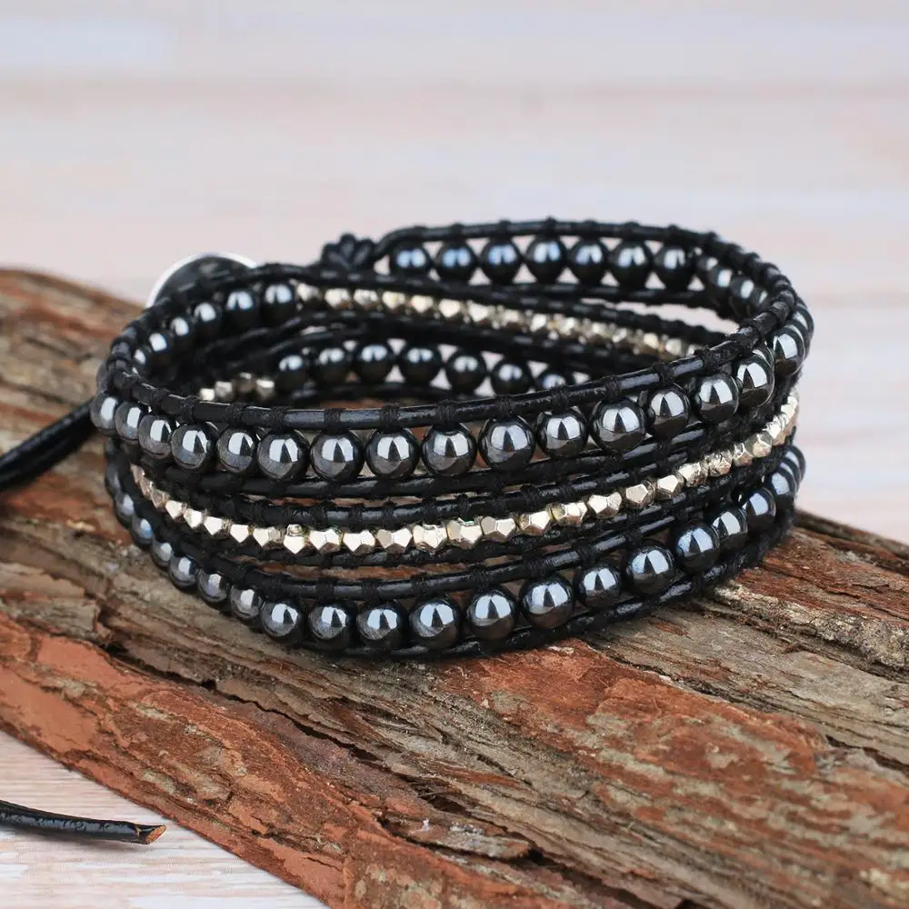 

KELITCH Punk Style Women Men Bracelets Bangles Handmade 3 Wrap Stone Beaded Cuff Bracelets Charm Leather Wristband Jewelry