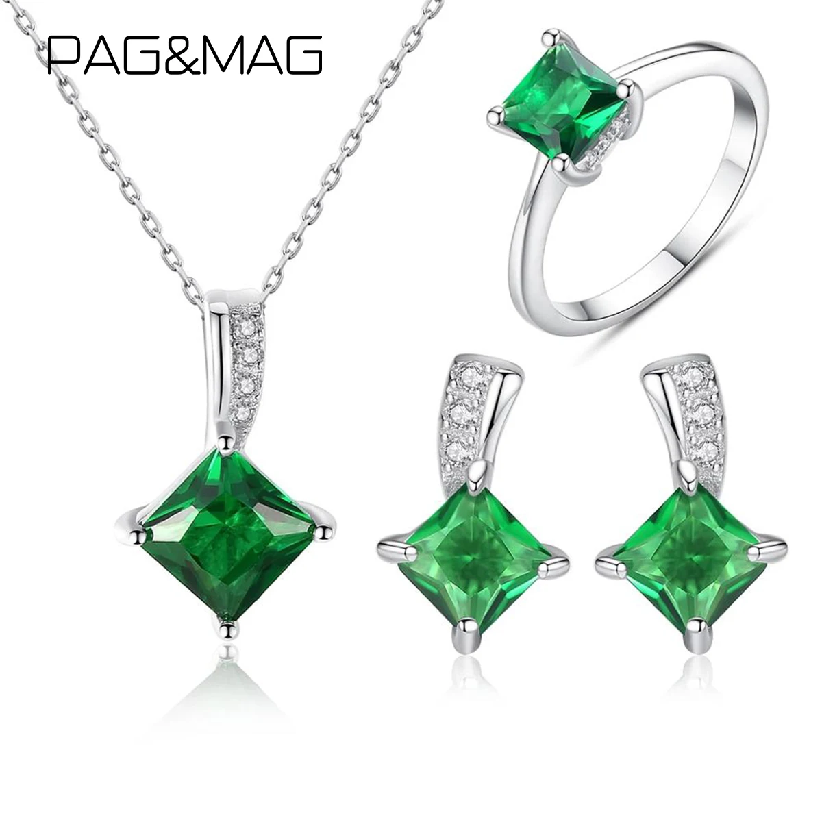 

PAG&MAG Real 925 Sterling Silver Jewelry Set Nano Russian Emerald Earrings Ring Necklace For Women Engagemen Jewelry Set Silver