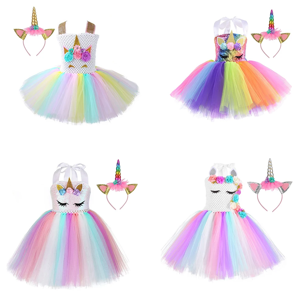 С цветочным узором для девочек Единорог Туту платье пастельных Радужное