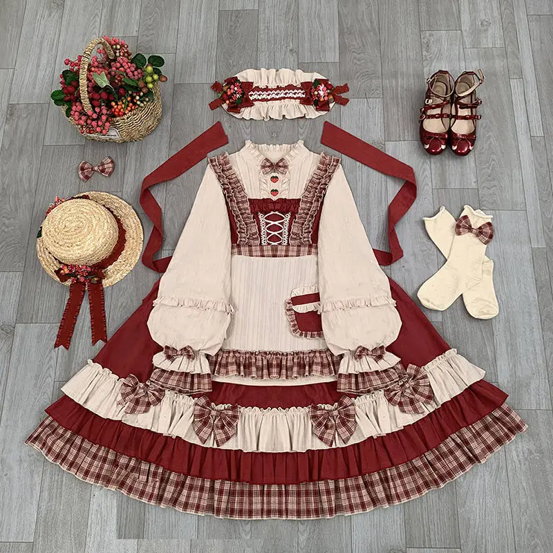 

Japanese Harajuku Sweet Lolita OP Dress Girly Cute Berry Forest Bowknot Princess Dress Women Red Hooded Cloak Tea Party Dresses