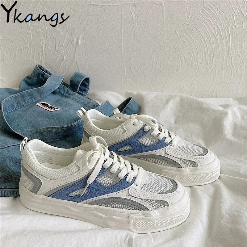 

Mesh Panel Low-top Sneakers Casual All-match Lace-up Women Vulcanized Shoes Outdoor Running Flat Comfortable Ladies White Shoes
