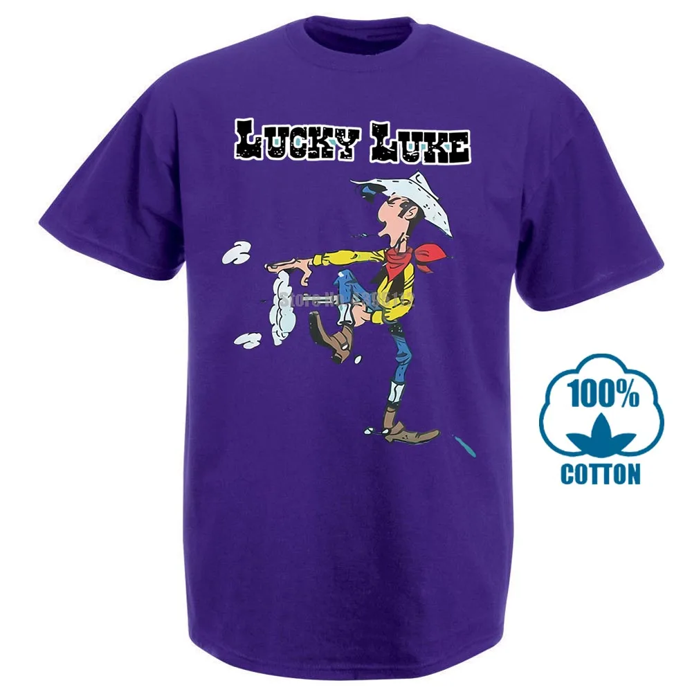 Фиолетовый Lucky Luke Comics ковбой Уайлдер Вестерн Прохладный Лето Мужская Новая футболка Личность граффити - Цвет: Фиолетовый