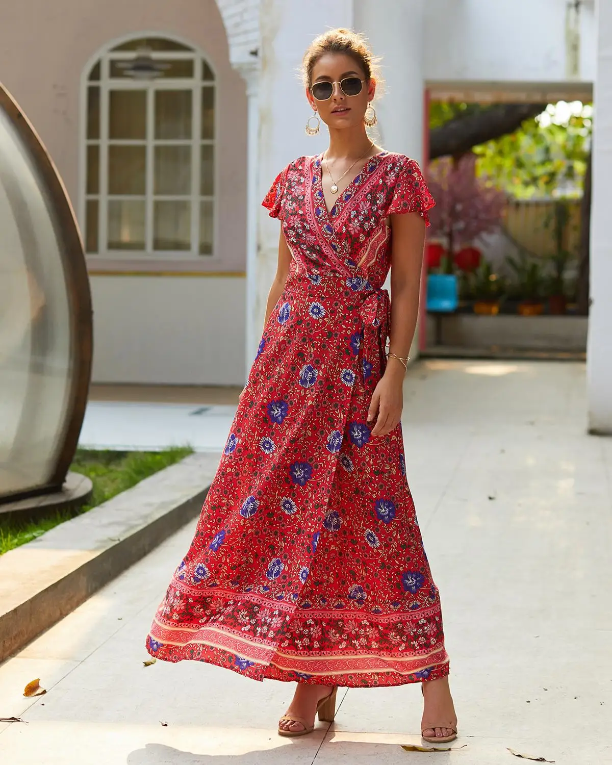 

2021 Women Dresses Spring Woman V-Neck Floral Printing Long Dresses Short Sleeve Ruffle Female Leisure Dresses