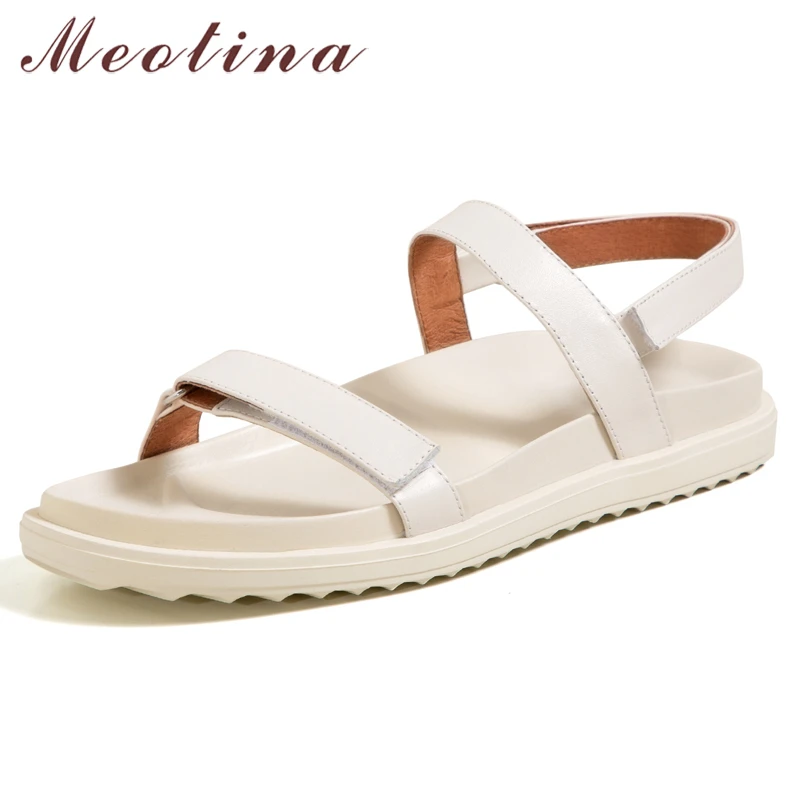 

Meotina Shoes Women Genuine Leather Sandals Narrow Band Flat Sandals Square Toe Cow Leather Ladies Footwear Summer Black 2021