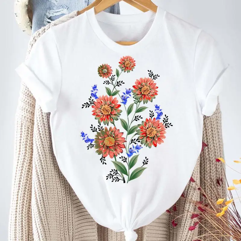 

Women Printing Flower Clothing Spring Summer Clothes Tops Tshirt Fashion Short Sleeve Cartoon Print Female Graphic Tees T-Shirt
