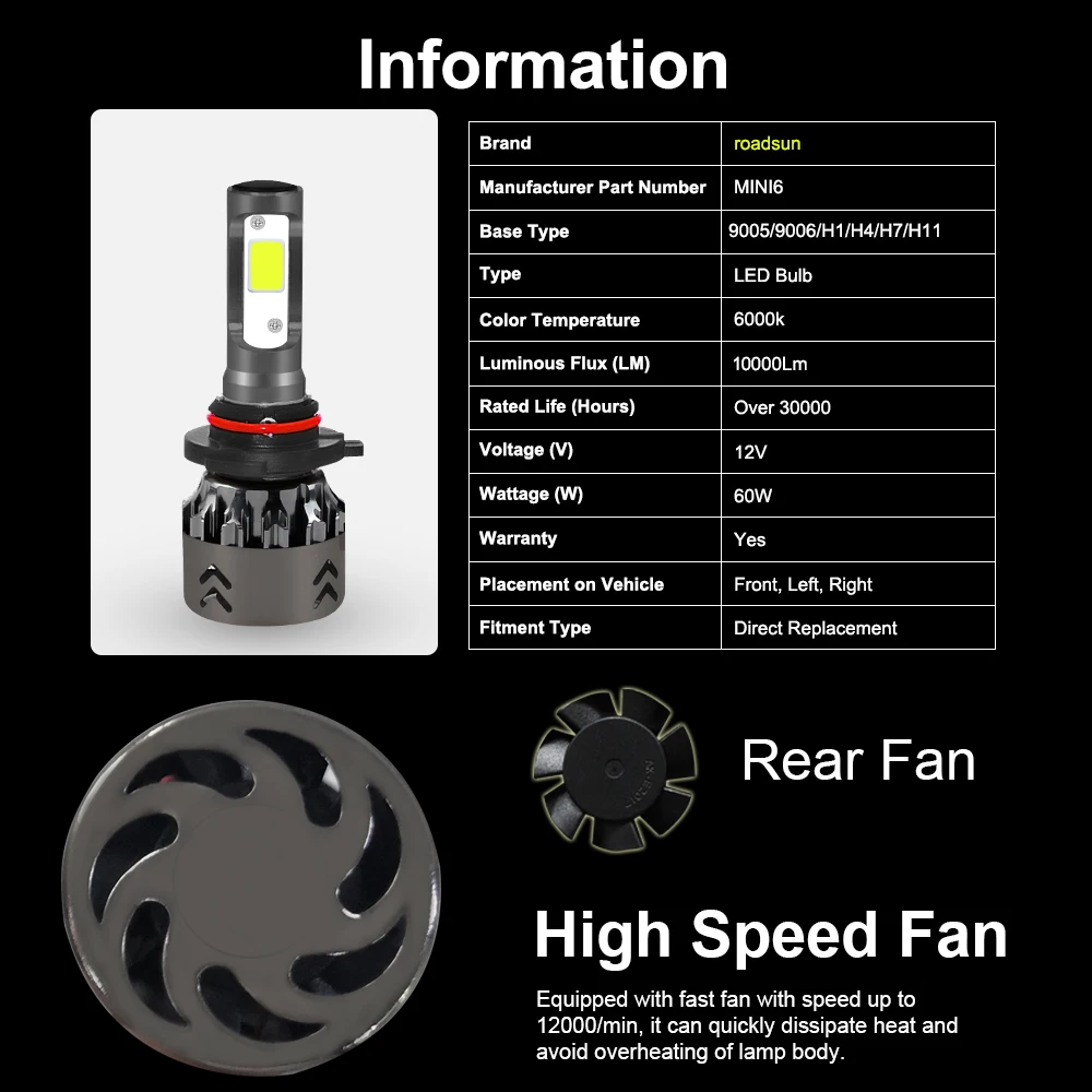 Roadsun H4 LED H7 автомобильные фары COB чипы Мини Размер H11 H1 9005 HB3 9006 HB4 10000LM 60 Вт 6000 К авто