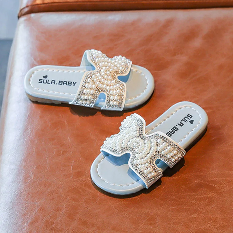 

Summer Girls' Korean Slippers h Pearl Soft Bottom Girls' Beach Slippers Women shoes Soft Children Flat girls Slippers platforms