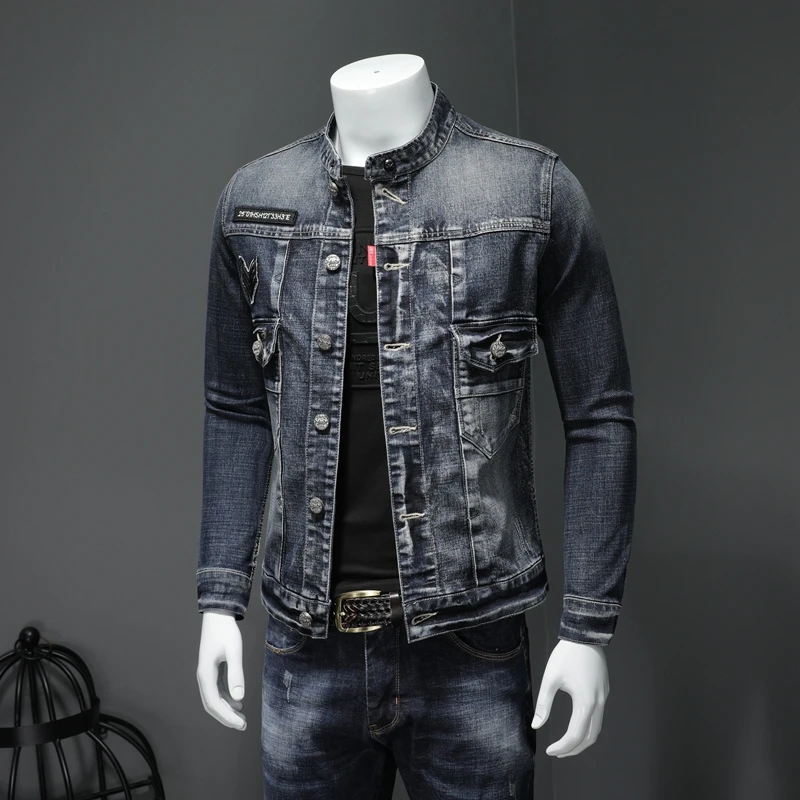 

Новая модная Осенняя новая индивидуальная мотоциклетная джинсовая куртка с воротником-стойкой