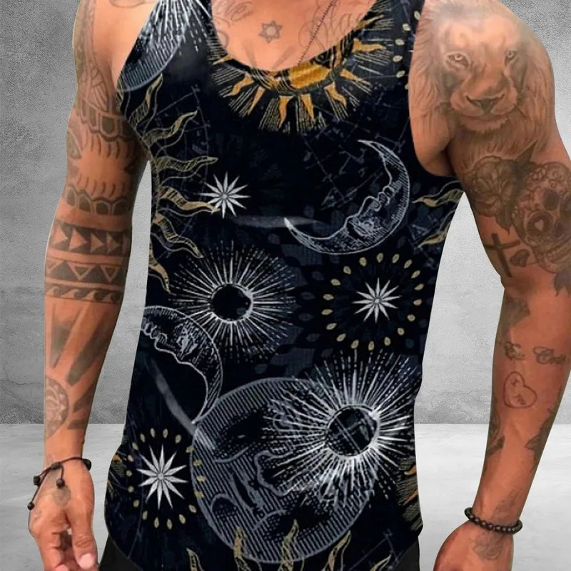 

2021 Men's Tank Top Summer Sleeveless Shirts Moon and Sun Print Fitness Clothing Men Casual Sports Slim Vest Harajuku Tops Shirt