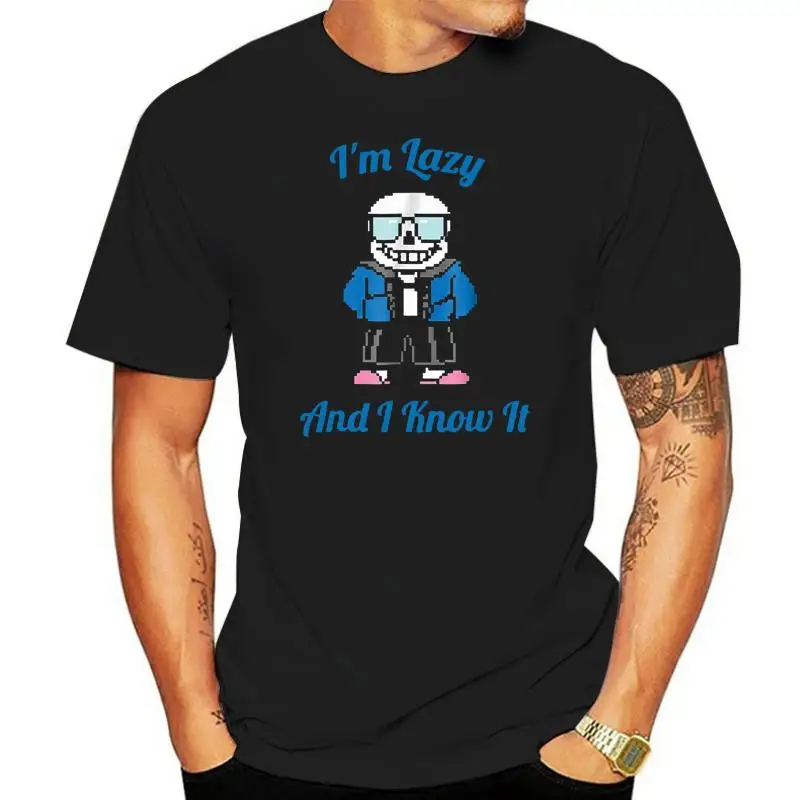 

Black Sans Skeleton Cool Pixel Art Shirt I'M Lazy And I Know It 100% Cotton Outfit Tee Shirt