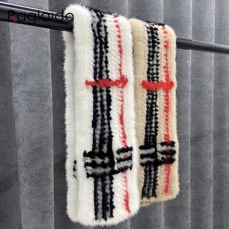 

Winter Fur Scarf for Women Warm Knitted Natural Mink Fur Shawls Female Stylish Plaid Scarves 90x12cm