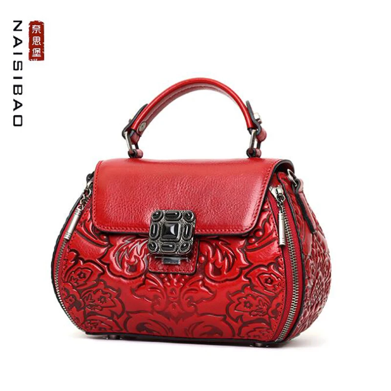 

2021 New NAISIBAO Real Cowhde Leather Handbags sac de luxe femme Quality Women Genuine Leather Bag Cowhide Bag Red Embossed bag